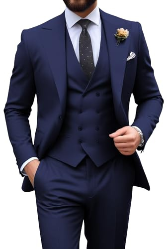 Mens Suit Slim Fit 3 Piece Double Breasted Suit Men Formal Tuxedo Set Casual Wedding Prom Groom Suits, 3pcs-Navy Blue, XS
