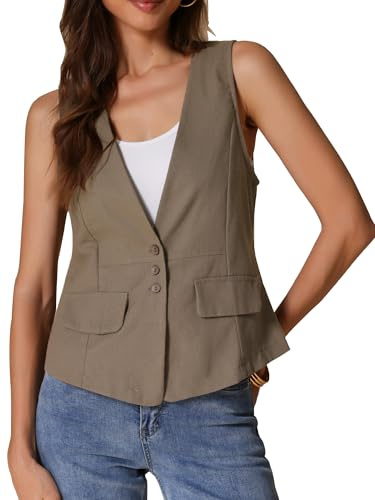 Allegra K Donna Gilet Casual In Lino, Giacca Leggera Senza Maniche, Blazer Leggero Cachi L