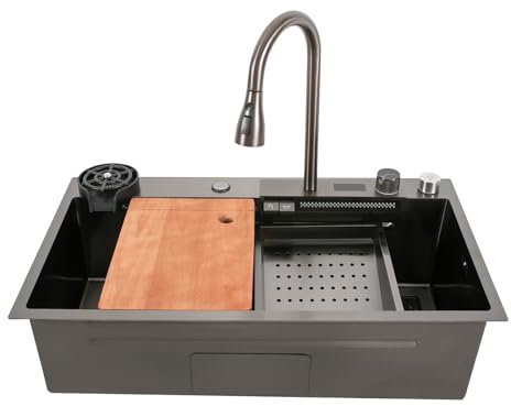Lavandino a cascata nero con display digitale, multifunzione, lavello da cucina con rubinetto estraibile 80 x 46 x 20 cm, per appartamenti, ristoranti, lavanderie, bar, cucine