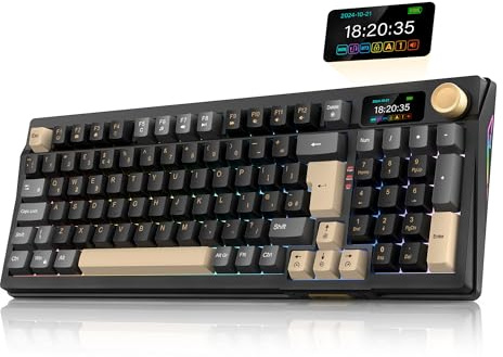 RedThunder K95 Wireless Mechanical Gaming Keyboard,w/Customizable Display & Knob,Gasket-Mounted,3 Mode 2.4G/BT/USB-C,UK Layout 96 Keys,Hot Swappable Pink Switch PBT Keycaps,8000mAh Battery（Black Gold）