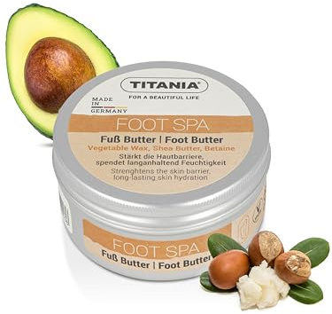 TITANIA Fußbutter für trockene Füße, Intensivpflege & Fußmaske mit Sheabutter & Avocadoöl - Cosmos Natural zertifiziert, Fußcreme Vegan, Soft Feet Effekt, 100 ml