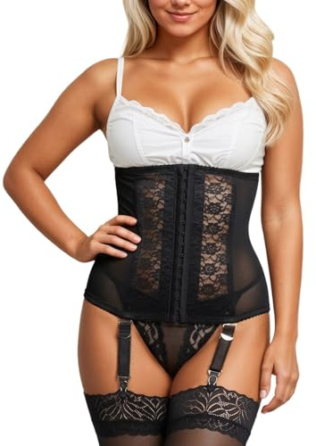 DUHENWU Corsetto da donna a vita alta, con fibbia in metallo, set vintage, corsetto shapewear per carnevale, corsetto sotto il seno, con reggicalze, O nero., S