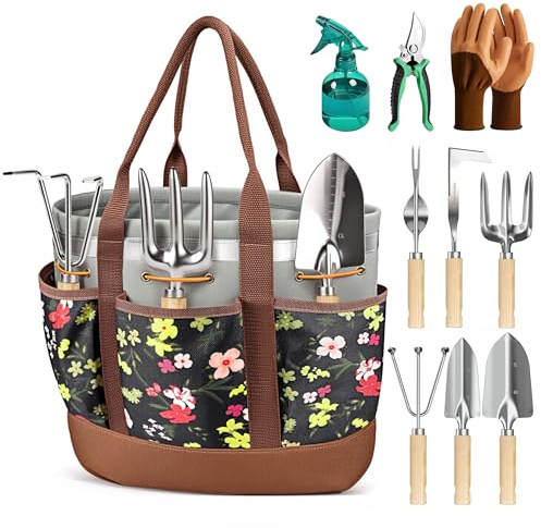 Floraxa 10-Piece Garden Tool Set, Heavy-Duty Stainless Steel Rust-Proof Gardening Tools with Ergonomic Wood Handles, Reinforced Organizer Handbag for Planting, Gardening Gift Set for Women, Mother