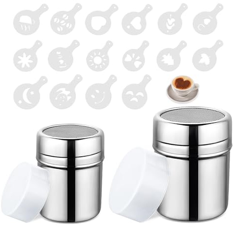 SZMK 2 Piezas Espolvoreador de Cacao en Acero Inoxidable,Dispensador de Canela en Polvo con 16 Moldes de Presión,Espolvoreador Azucar,Tamizador Cacao con Tapa para Especia,Café,Chocolate Caliente