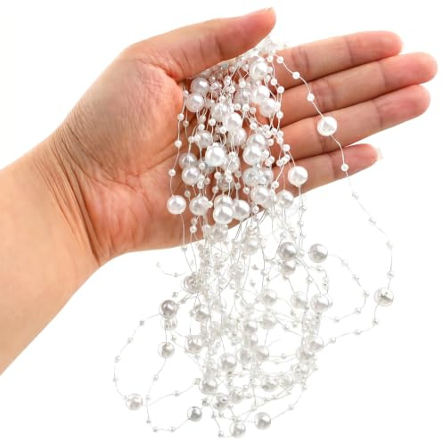 2 guirnaldas de perlas blancas de 16.5 pies para decoración, cuerda de perlas de imitación de 8 + 3 mm