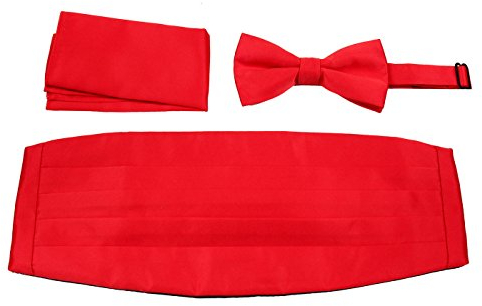 CBUND-ADF-24 – Herren-Kummerbund, vorgebundene Fliege, Einstecktuch-Set., rot, Einheitsgröße