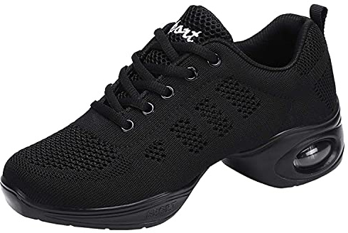 Zapatos de jazz para mujer, con cordones, de malla transpirable, con amortiguación de aire, suela dividida, plataforma, negro a, 39 EU