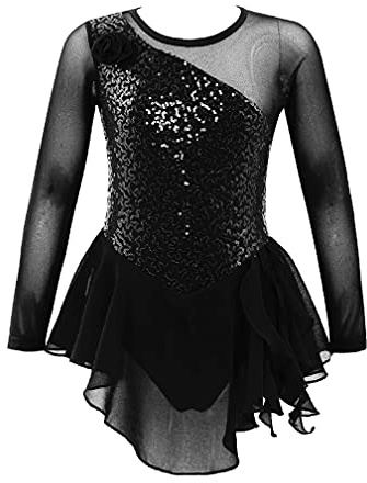 Agoky Girls Long Sleeves Floral Lace Figure Ice Roller Skating Dress Ballet Dancewear