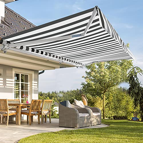 Fiqops Auvent à bras articulé manuel - 350 x 300 cm - Pare-soleil avec manivelle - Anti-UV et imperméable - Aluminium/polyester - Pour balcon, terrasse, jardin, blanc et gris - Rayé
