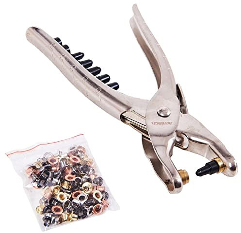 WedDecor Interchangeable Hole Punch & Eyelet Silver Plier With 5mm Eyelets 100pcs, For Making Hole Leathercraft, Belt, Strap, & Soft Cardboard, 6 Different Hole Sizes