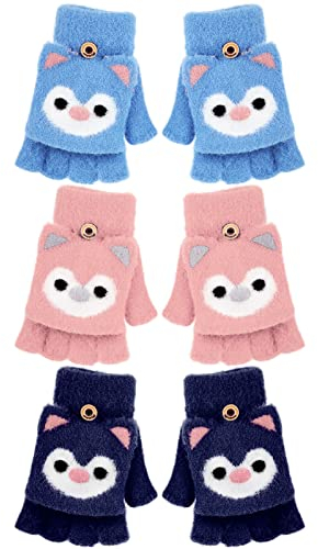 Geyoga 3 Paar Fingerlose Kinderhandschuhe Umwandelbare Klappdeckel Handschuhe Warme Winter Halbfinger Fäustlinge für Kinder Jungen Mädchen von 5 10 Jahren (Blau, Rosa, Marineblau, Eule)