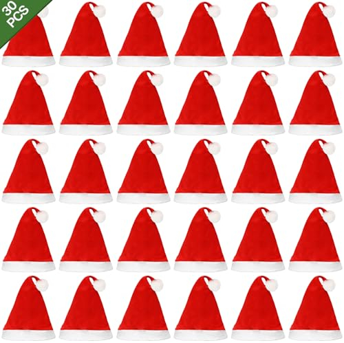 Amzeeniu Gorro Navideño 30 Pcs Gorros Navideños Adultos,Gorro de Papá Noel,Sombrero de Santa,Unisex Sombreros de Navidad,Adecuado Fiestas Navideñas y Juegos de Rol Navideños Sombrero Navideño Rojos