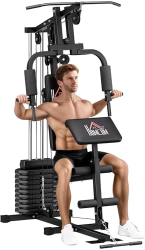 HOMCOM Stazione Fitness Multifunzione Power Tower con Pesi fino 45kg e Panca Imbottita per Allenamento a Casa e Professionale, per Chest Press, Lat Pull Down
