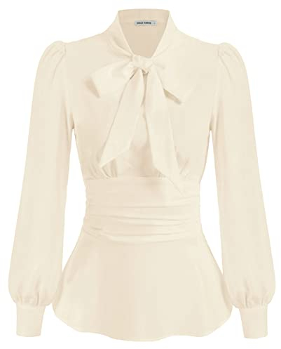 GRACE KARIN Damen Büro Fliege Bluse Puffärmel Schößchen Dressy Shirt Gesmokte Taille Blusen CL1476-06_00M