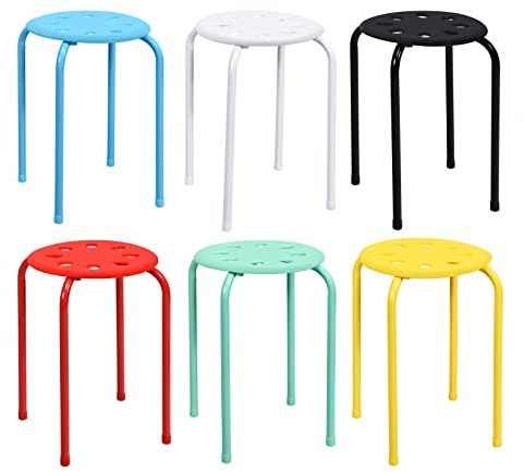 COSTWAY Juego de 6 Taburetes Redondos Apilables de Metal, Asiento Redondo con Marco de Metal en Forma de X, Asiento Perforado, Taburetes Apilables para Niños y Adultos, Hogar, Oficina (Multicolor)