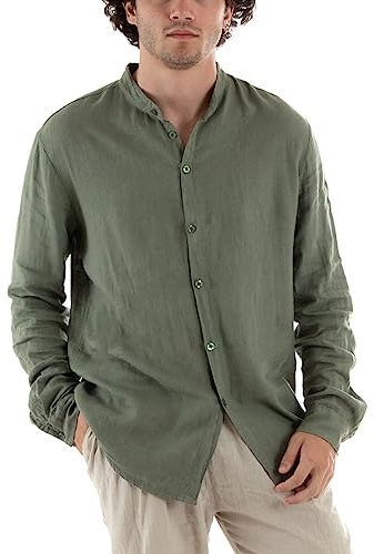 Giosal Camicia Uomo Lino Collo Coreano Tinta Unita Maniche Lunghe Made in Italy (L, Verde)