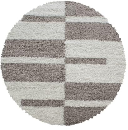 Carpettex Hochflor Teppich - Wohnzimmer Shaggy Flokati Modern Kariert Design 200 cm Rund Beige - Schlafzimmer Weich Flauschig Waschbar - Küche Esszimmer Langflor