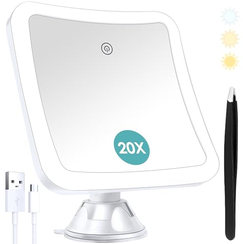 B Beauty Planet Makeup Mirror with Light,20x Magnifying Lighted Vanity Mirror with Touch Control and Suction Cup,Rechargeable,3 Colours Lighting,360° Rotation,Bathroom Vanity and Travel,Square