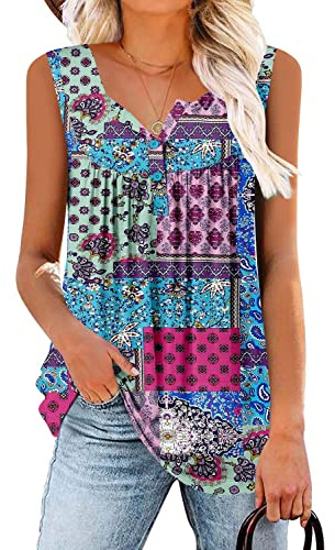 KISSMODA Ladies Casual Trendy Vest Shirts V Neck Sleeveless Blouses Floral Printed Tank Tops