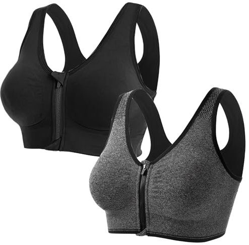Clydewy Women's Front Zip Sports Bra 2 Packs Ladies Running Yoga Non Wired Seamless Comfort Gym Bra High Impact Support Women Plus Size Padded Sport Bras Top for Workout Fitness Black Grey
