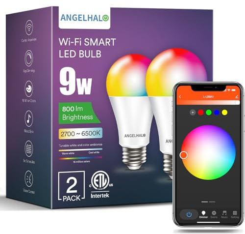 ANGELHALO Smart Light Bulbs, Color Changing A19 LED Light Bulb, Work with Alexa and Google Assistant, Wi-Fi & Bluetooth Light Bulbs, 16 Million Colors RGBCW, Music Sync, 800 Lumens, 2.4Ghz only,2 Pack