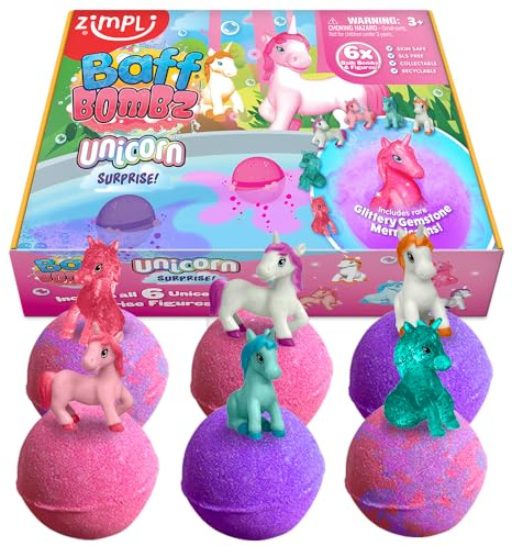 ZIMPLI - 6 x Grandi Bombe da Bagno Unicorno a Sorpresa, 6 Giocattoli Unicorno Inclusi, Giocattoli da Bagno per Bambine, Set Regalo con Bombe da Bagno Frizzanti, Regalo di Natale