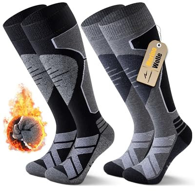 Niorasen 2 Paar Merino Skisocken Herren Damen, Thermo Snowboard Socken, Skistrümpfe mit Polsterung, Wärme Kniestrümpfe für Skifahren, Snowboarden, Outdoor Wintersport, Size M, Schwarz Grau