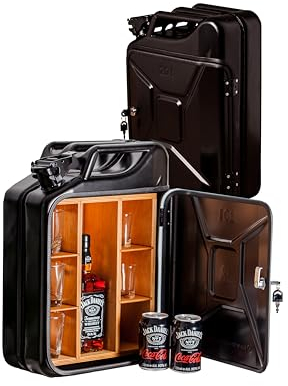 Totoll Shop 20L Kanister Bar inkl. 3 Whisky Gläser- Jerrycan 4 Herausnehmbaren Fächern schwarzer Metall Mobile Bar Geburtstagsgeschenk für Männer, Abschließbarer Minibar - Größe: 36x46x18cm