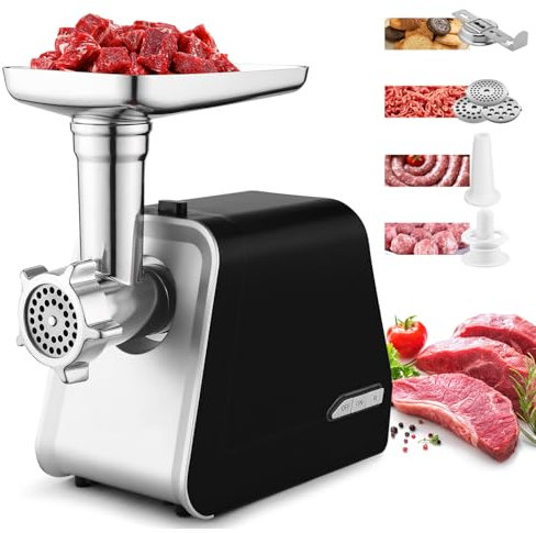 Tritacarne Elettrico Professionale 2000W con Insaccatrice e Accessorio Biscotti | Macina Carne con 3 Dischi per Carne Macinata, Salsicce, Kibbe e Biscotti - Qualità Professionale per Casa