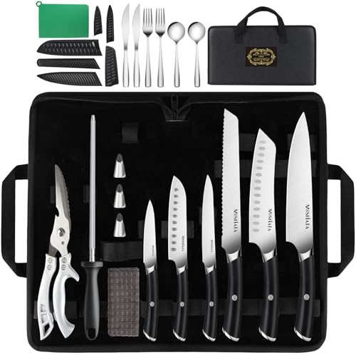 MOSFiATA Chef Knife Set with Bag, 19PCS Portable Sharp Kitchen Knife Sets, Stainless Steel Professional Japanese Knives Set with ABS Handle Scissors Sharpener Sheaths Birthday Gifts for Man