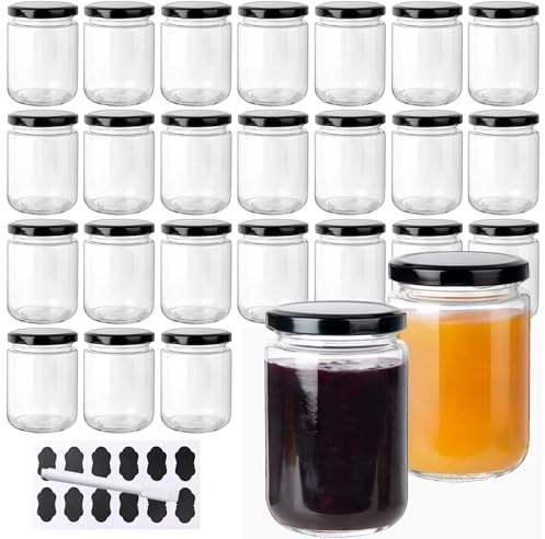 YBCPACK 24 stycken syltburkar 350 ml med lock – konserveringsburkar med skruvlock, lufttäta och diskmaskinssäkra – förvaringsburkar med etiketter och penna för sylt, yoghurt, honung, kryddor