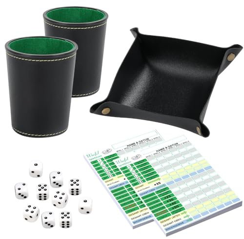 CLIUNT Juego de Dados, con 2 Vaso de Piel, 10 Dados, 1 Bloque de Juego y 2 Hojas de Puntuación, para Adultos Juegos Familiar, Accesorio Ideal para Jugar a los Dadoss