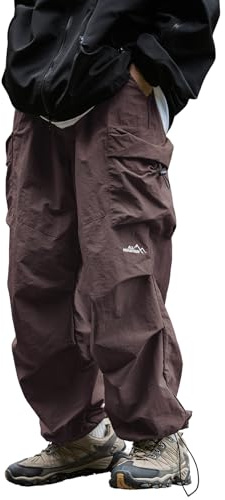 Mens's Baggy Cargo Pants Casual Parachute Pants Loose Fit Hip Hop Harme Lightweight Water Resistant Pants with Pockets, Coffee, Medium