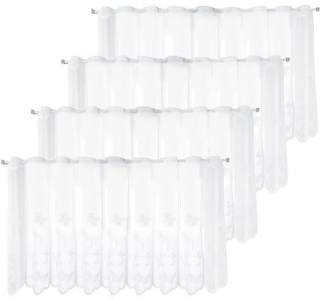 DHSWNNG Visillo de 4 visillos cortos, flores blancas semitransparentes bordadas, modernas, cortas, semitransparentes, para salón y cocina, 130 x 45 cm (ancho x largo)