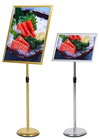 Skylthållare med justerbar höjd, affischställ i aluminium, menyställ, golvdisplayställ, utbytbar reklam med stabil bas (färg: guld, storlek: A4)