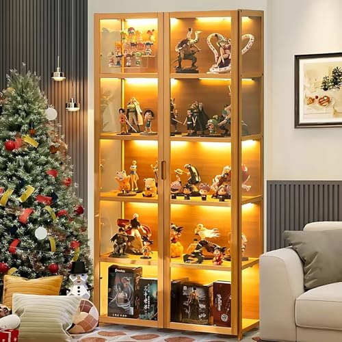 Scribora Vitrina Puerta de acrílico, Vitrina con 5 estantes, Organizador de Juguetes colección, estantería Dormitorio, rincón de Lectura, niños, bambú (Doble Puerta marrón)