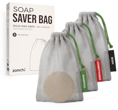 ZOMCHI Bolsas de Jabón de Malla, Pouches para Jabón Sólido, Champú y Acondicionador, Bolsas de Viaje para Ducha con Asa para Colgar, Espuma, Secado Rápido y Exfoliación Suave (Set de 3, Gris)