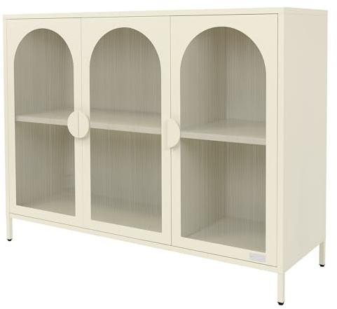 ML-Design Meuble de Rangement Métallique Crème 120x93x40 cm, Buffet Moderne avec Compartiments et 3 Portes, sur Pieds Réglables en Hauteur, Armoire Vitrine Commode Minimaliste Mobilier de Séjour Salon