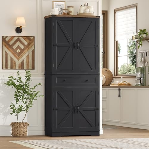 hefoths 180cm Tall Pantry Cupboard with a Large Drawer, 4 Wooden Barn Doors | 5-Tier Kitchen Cupboard, Pantry Storage Cabinet for Dining Room, Living Room, Wood Larder Cupboard, Black 180H x 75W x 39D cm