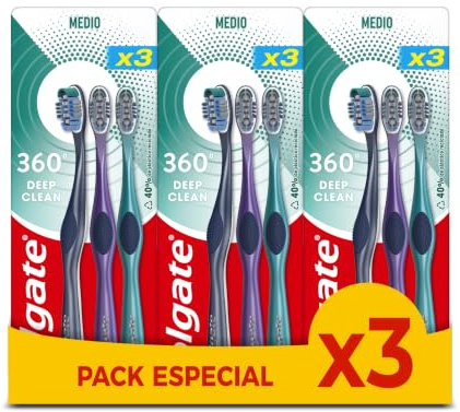 Colgate Cepillo de dientes 360 Deep Clean Medio - Elimina bacterias de dientes, lengua, mejillas y encías - Con Filamentos Interdentales - Copas pulidoras que eliminan la placa (Paquete de 2)