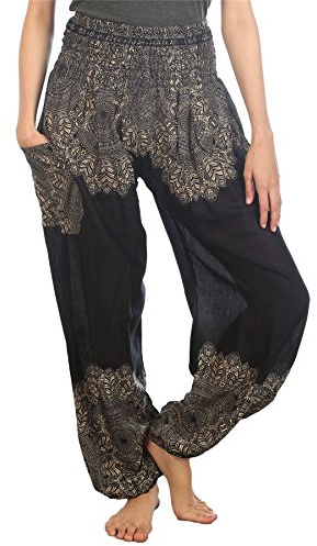 Lofbaz Donna Harem Colorato Smocked Waist Boho Peacock Pantaloni Nero Size XL