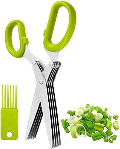 Tijeras de cocina de acero inoxidable de 5 cuchillas, hierbas frescas y hojas verdes, cortador de hierbas con peine de limpieza (verde)