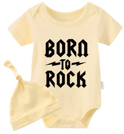culbutomind Born to Rock nyfödd baby kortärmad söt baby bodysuit jumpsuit spädbarn outfit baby tvillingar body rock, Gul till stenar hatt, 9-12 Månader