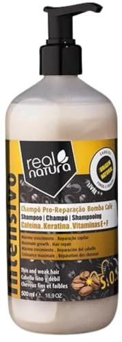 Real Natura - Champú Sin Sal Pro-Reparación Bomba Café - Reparación Intensiva - Fortalecimiento Capilar - Cabello Suave y Brillante - Protección y Prevención - Fórmula Natural - 500ml