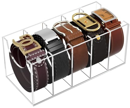 NIUBEE Belt Organizer, Acrylic Belt Storage Holder for The Closet, 5 Compartments Display Case for Tie and Bow Tie