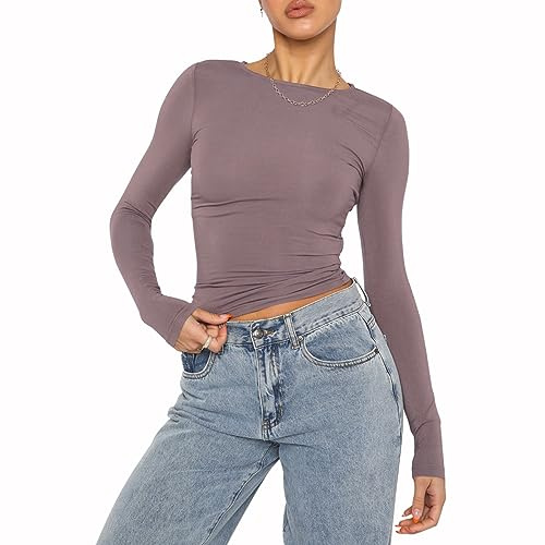 Mujeres Casual Crop Tops Slim Fit Top Cuello Redondo Manga Larga T-Shirt Basic Blusa tee Tops(Skinpink-8,M)