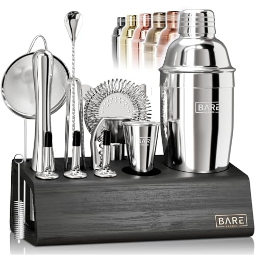 Bare Barrel® Set per la preparazione di cocktail | Set da 14 pezzi per barman, set di shaker da cocktail | Supporto espositivo in bambù e 35 carte con ricette | Set regalo da cocktail per mixologia