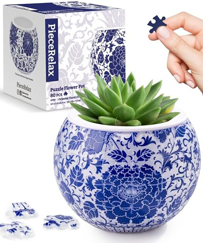 PieceRelax 3D Puzzle Planter - Oriental Floral Ornament - Small Round Plant Pots with Drainage, Home Decor Flower Pots for Indoor Cactus, Succulents Pots [K1101]