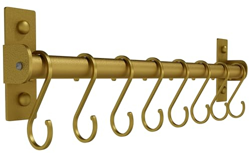 Dseap Kitchen Utensil Holder Hanger, Pot and Pan Rack wall mounted, Kitchen Rail with 8 Hooks for Hanging Cooking Utensils, Mugs, Spoons, Wall Mounted, Gold