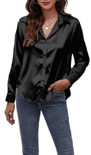 Jarseila Chemisier Satin Femme Blouse Chic et Élégante Chemisier Manche Courte Hauts avec Boutons Casual Tops Chemise à col en V Noir L